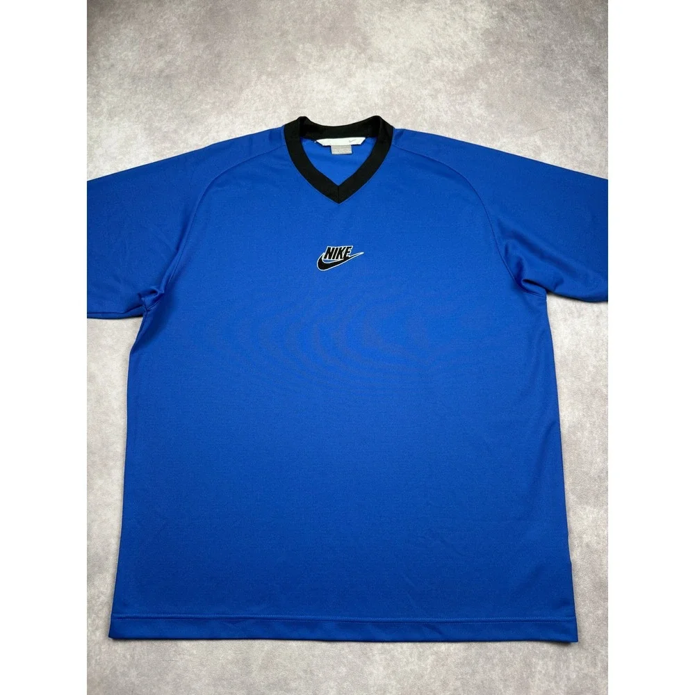 Nike Y2K Men XL Blue V-Neck Short Sleeve Embroidered Center Logo Athletic TShirt